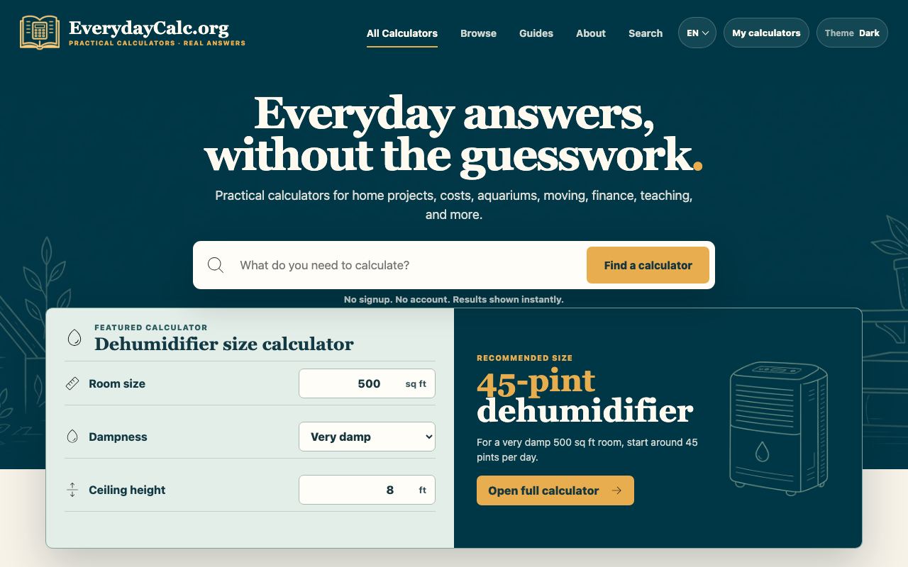 EverydayCalc homepage with calculator search and a dehumidifier sizing example